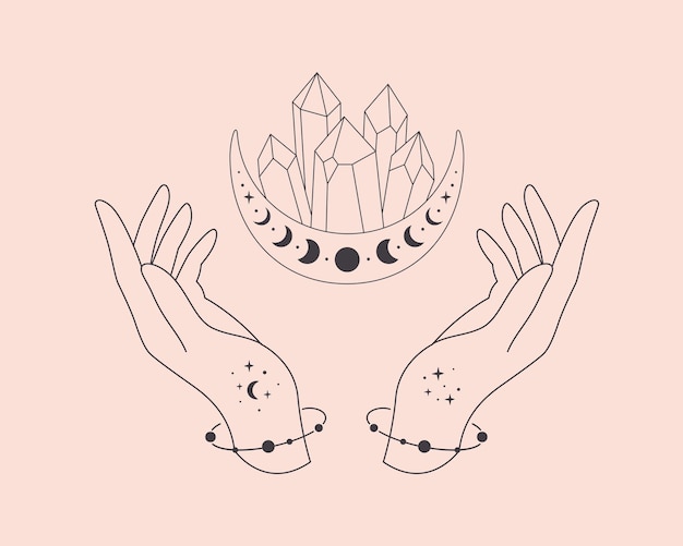 Hands with celestial mystical symbols. mystical, esoteric or healing crystal. linear art.