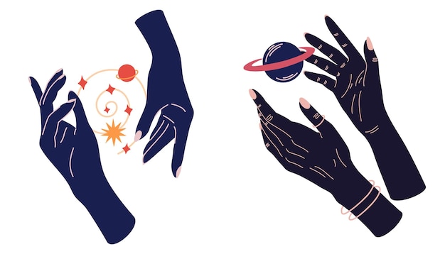 魔法の天体の神秘的なシンボル セットを持つ手月の植物太陽と精神的な自由奔放に生きるロゴ デザイン要素白で隔離される女性の腕の黒いシルエット ベクトル イラスト