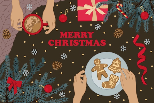 Vector hands with christmas tree coffee and gingerbreads top view