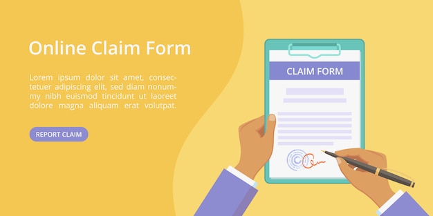 Vector hands with clipboard claim form web page template