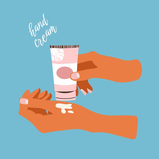 Vector hands with cream.the hand squeezes and pours the creamy lotion from the product packaging.