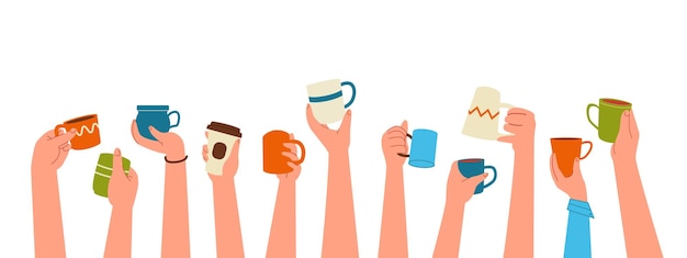 Hands with cups cartoon raised hands mugs and paper tea cups persons hand with hot drink vector set