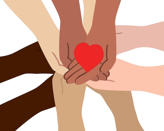 Hands with different colors of skin hold the heart Friendship and love of nationalities