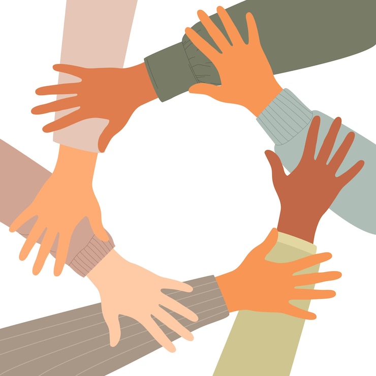 Vector hands with different skin colors holding each other the concept of support unity teamwork