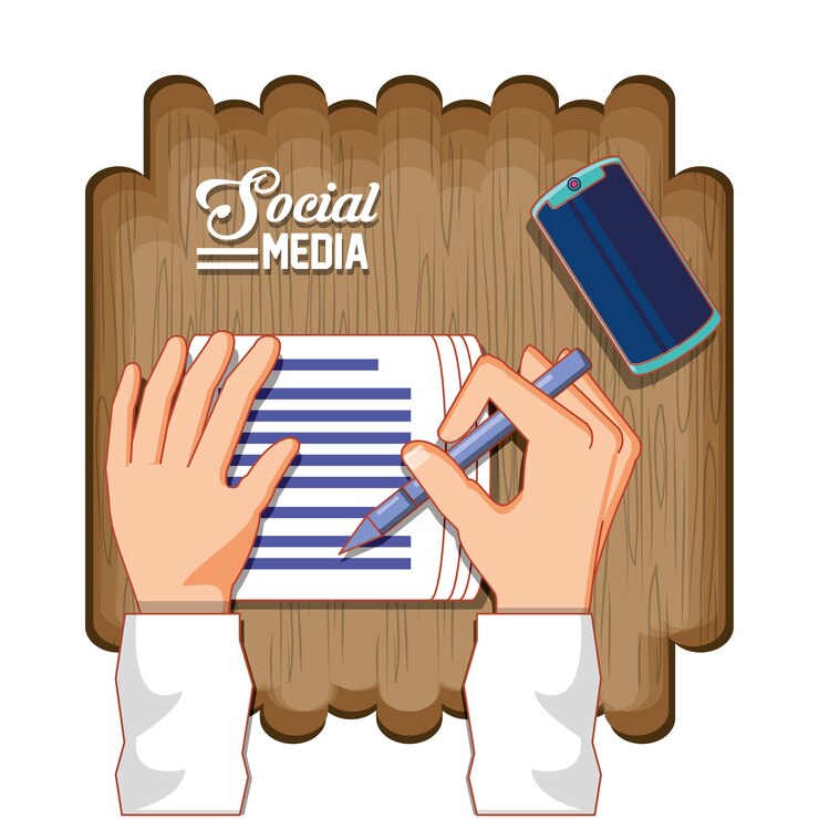 Vector hands with documents and smartphone social media
