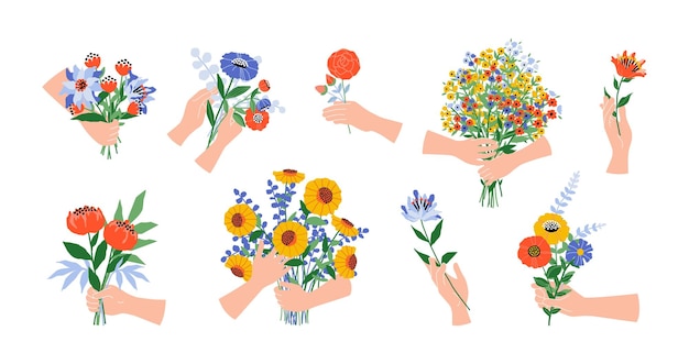Hands with flowers Cartoon blooming bouquets Arms hold garden or field blossoming plants Give and take floral bunches holiday presents Botanical decorative elements vector set