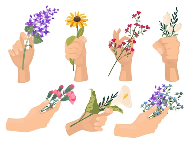 Vector hands with flowers. florists people holding beautiful bouquet with wildflowers.