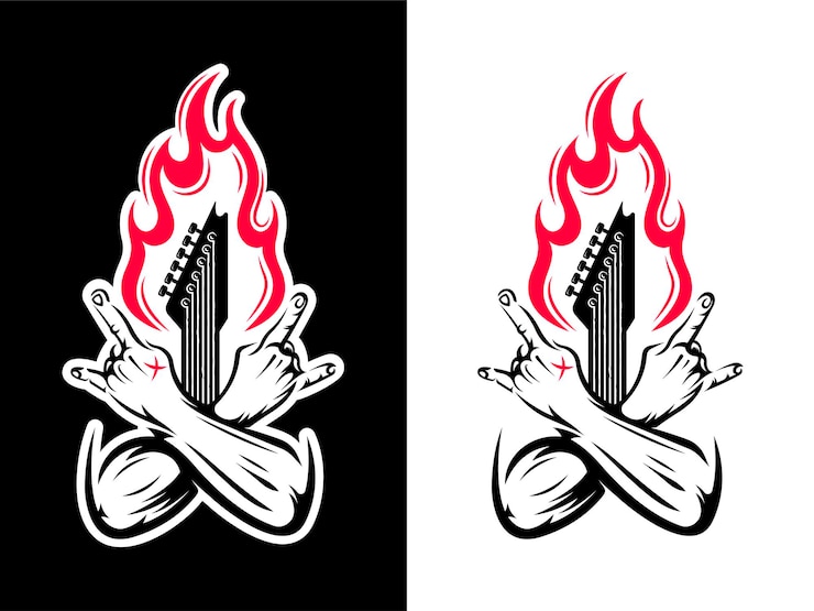Vector hands with guitar and fire.