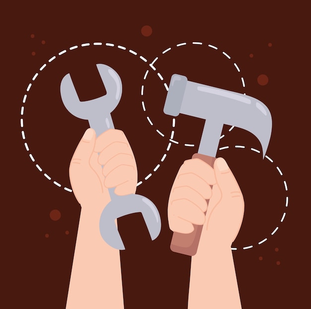 Hands with hammer and wrench