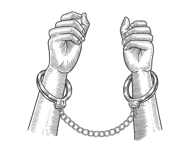 Vector hands with handcuffs. vintage engraving drawing style. vector illustration