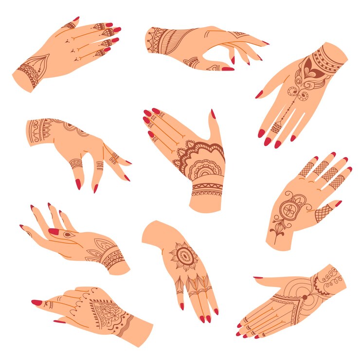Vector hands with henna tatto drawing design vector