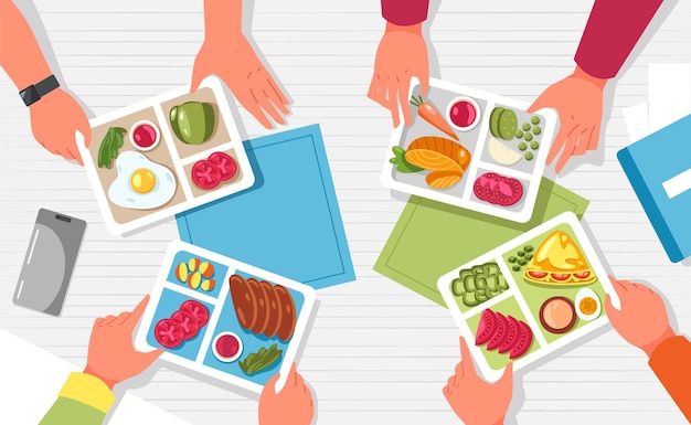 Hands with lunchbox arms holding containers with healthy food on table top view cartoon flatlay with packed bags full of fruits vegetables vector illustration