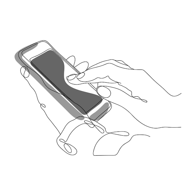 라인 아트 스타일의 휴대 전화를 든 손 손은 휴대 전화를 들고 있습니다.