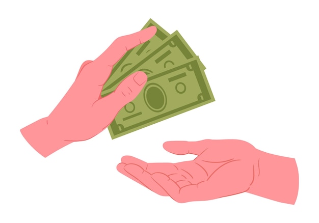 Руки с деньгами мультяшная рука положила долларовые купюры в другую руку, пожертвование или концепция сбережений, плоская векторная иллюстрация