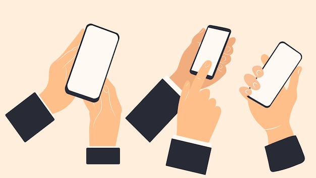 Vector hands with phone flat design isolated