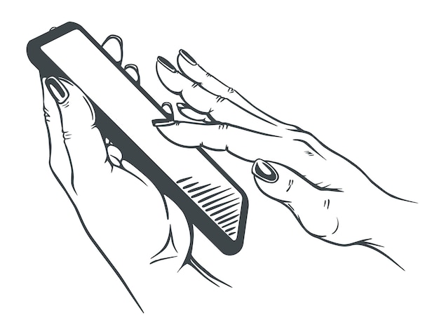 hands with phone sketch vector on white background