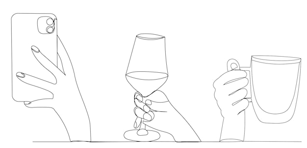 Hands with phone wine glass one continuous line drawing sketch vector