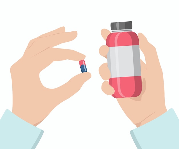 Hands with pills and bottle Health care concept