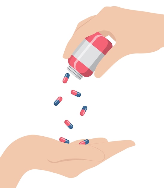 Vector hands with pills health care concept