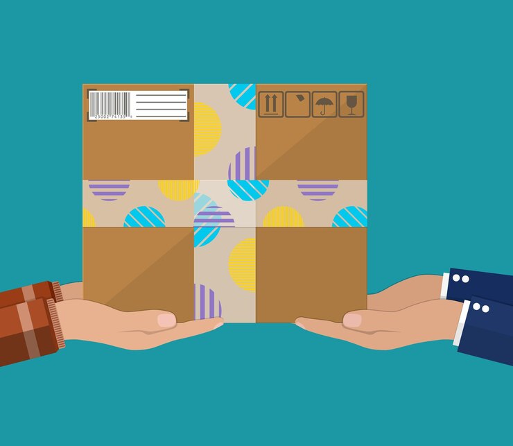 Vector hands with postal cardboard box