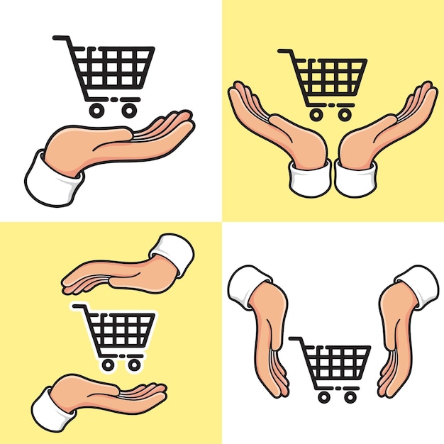 Vector hands with shopping trolley cart set