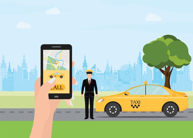 Hands with smart phone and taxi application 