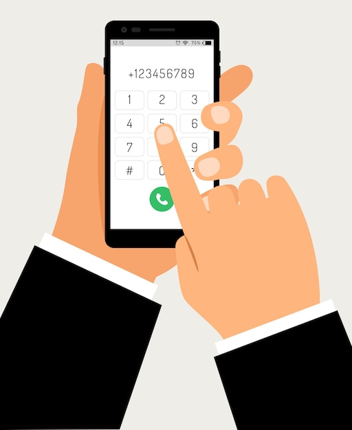 Hands with smartphone dialing. Mobile touch screen phone with numbers pad and business hand, businessman cellphone dial connection cartoon vector illustration