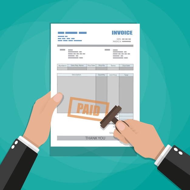 Hands with stamp. paper invoice form