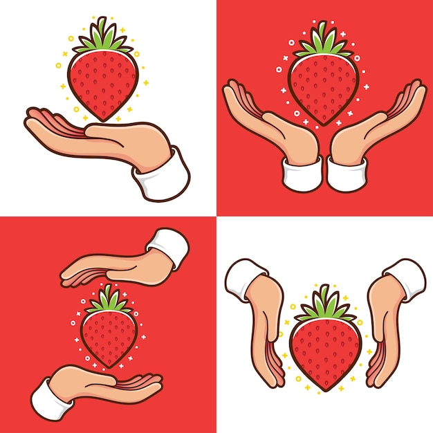 Vector hands with strawberry fruit set