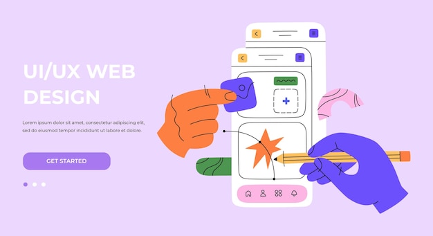 Vettore le mani lavorano alla creazione di interfacce per siti web e app mobili. pagina web di progettazione e programmazione dell'interfaccia utente ux