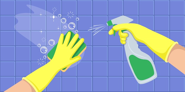 Hands in a yellow gloves holders disinfectant spray bottle and washes a wall. concept for cleaning companies. flat vector illustration.