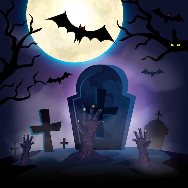 Hands of zombie in the dark night halloween scene illustration