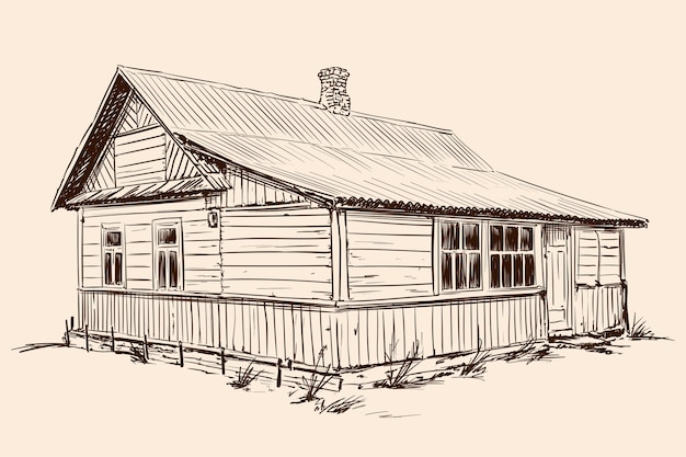 Handschets op een beige achtergrond. Oud rustiek houten huis in Russische stijl op een stenen fundering met een pannendak.