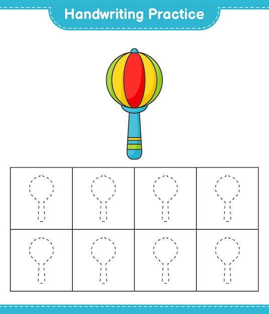 Handschrift oefenen. Traceerlijnen van Baby Rammelaar. Educatief kinderspel, afdrukbaar werkblad, vectorillustratie