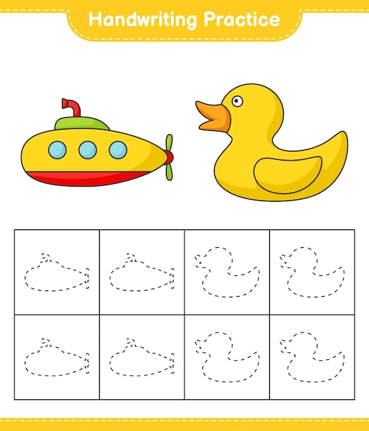 Handschrift oefenen. traceerlijnen van onderzeeër en badeend. educatief kinderspel, afdrukbaar werkblad, vectorillustratie