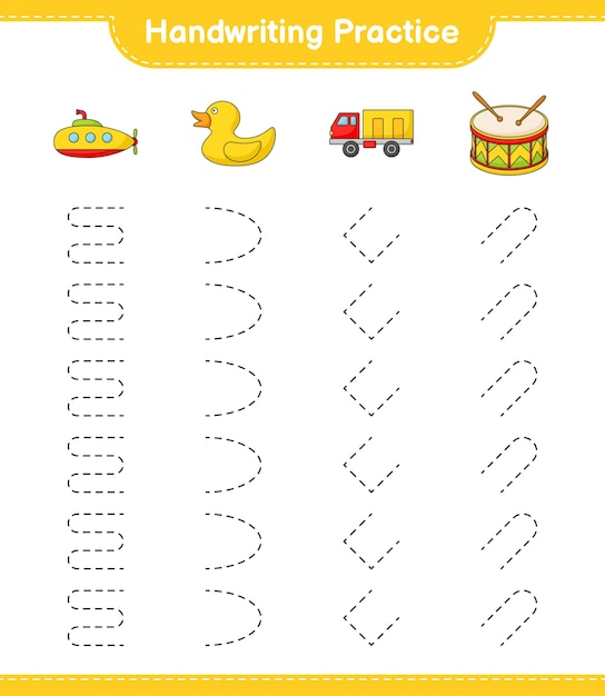 Handschrift oefenen. Traceerlijnen van onderzeeër, rubberen eend, vrachtwagen en trommel. Educatief spel voor kinderen