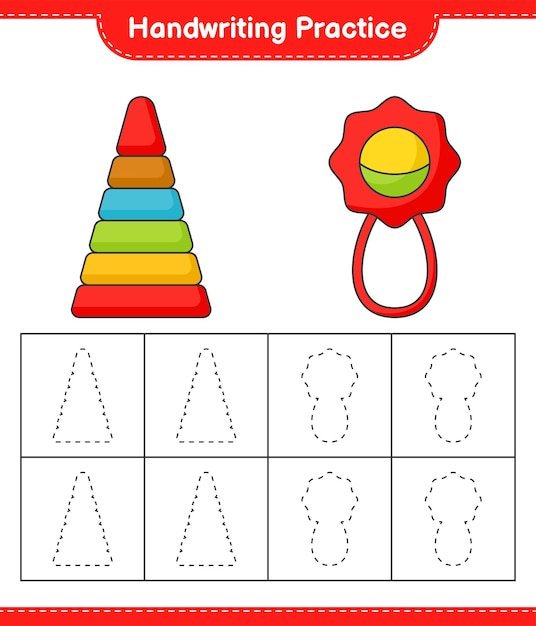 Handschrift oefenen. Traceerlijnen van Pyramid Toy en Baby Rammelaar. Educatief kinderspel, afdrukbaar werkblad, vectorillustratie