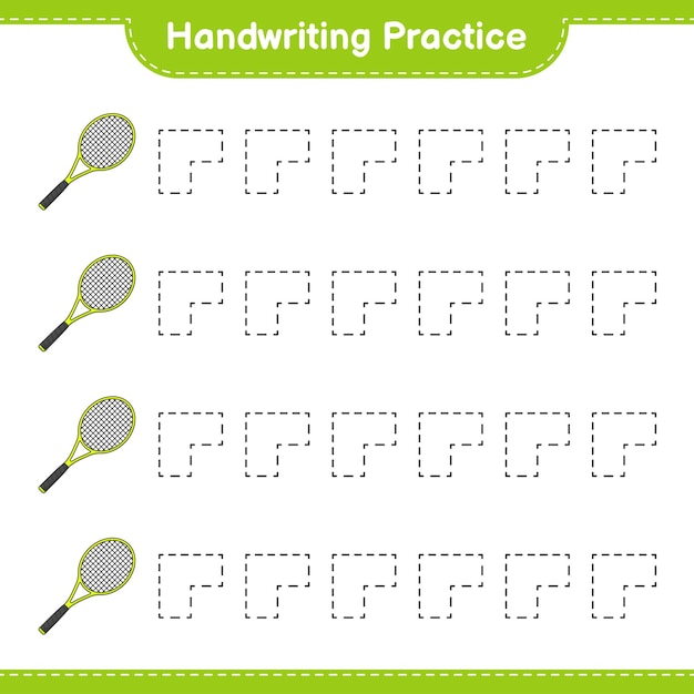 Handschrift oefenen. Traceerlijnen van tennisracket. Educatief kinderspel, afdrukbaar werkblad, vectorillustratie
