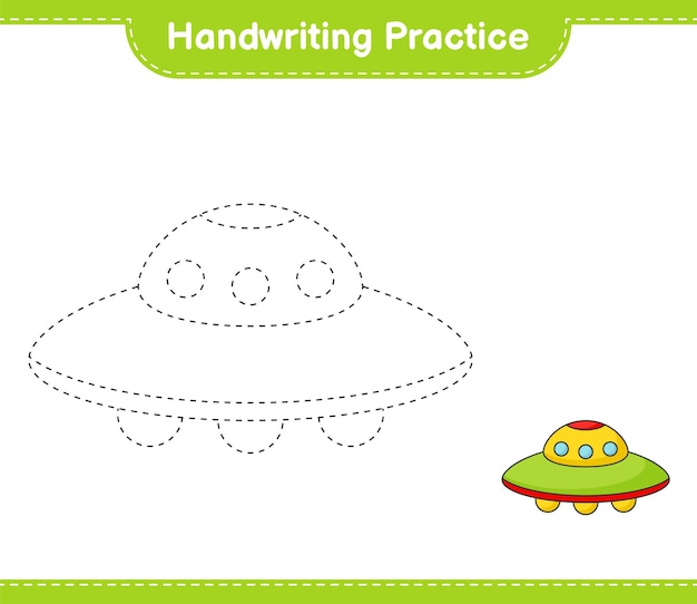 Handschrift oefenen. Traceerlijnen van Ufo. Educatief kinderspel, afdrukbaar werkblad, vectorillustratie