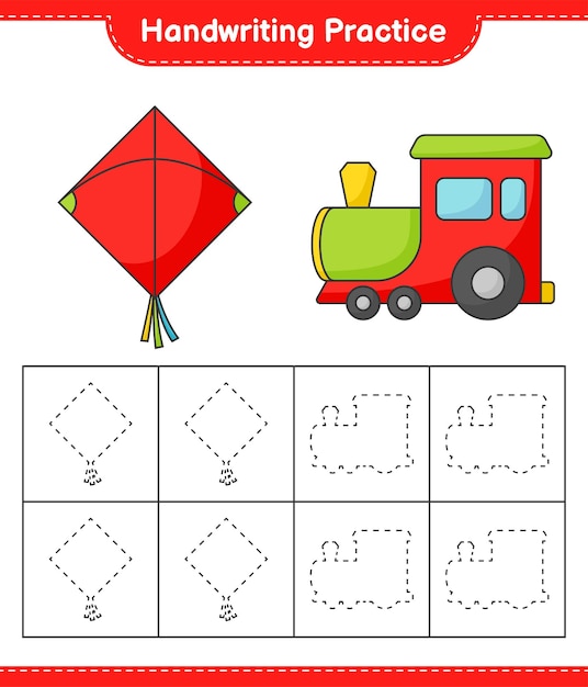 Handschrift oefenen. Traceerlijnen van vlieger en trein. Educatief kinderspel, afdrukbaar werkblad, vectorillustratie