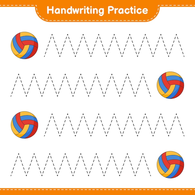 Handschrift oefenen. traceerlijnen van volleybal. educatief kinderspel, afdrukbaar werkblad, vectorillustratie