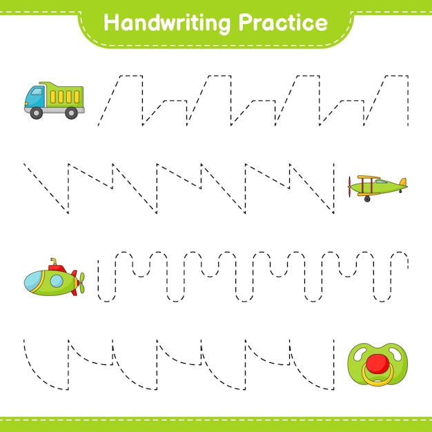 Handschrift oefenen. traceerlijnen van vrachtwagen, vliegtuig, onderzeeër en fopspeen. educatief spel voor kinderen