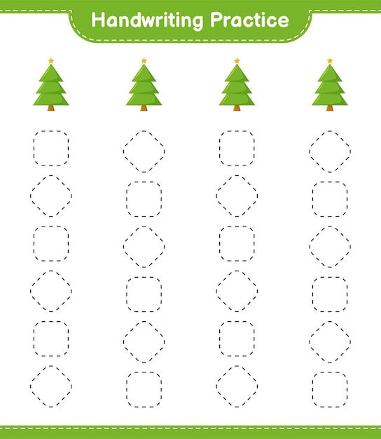 Handschrift oefenen. Traceringslijnen van de kerstboom. Educatief kinderspel, afdrukbaar werkblad