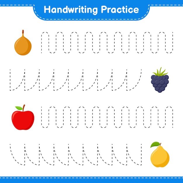 Handschrift oefenen. traceringslijnen van fruit. educatief kinderspel, afdrukbaar werkblad