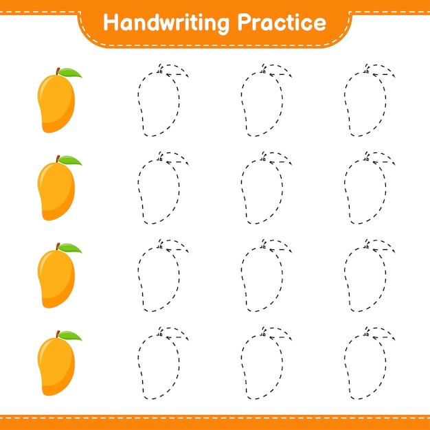 Handschrift oefenen. traceringslijnen van mango. educatief kinderspel, afdrukbaar werkblad, illustratie