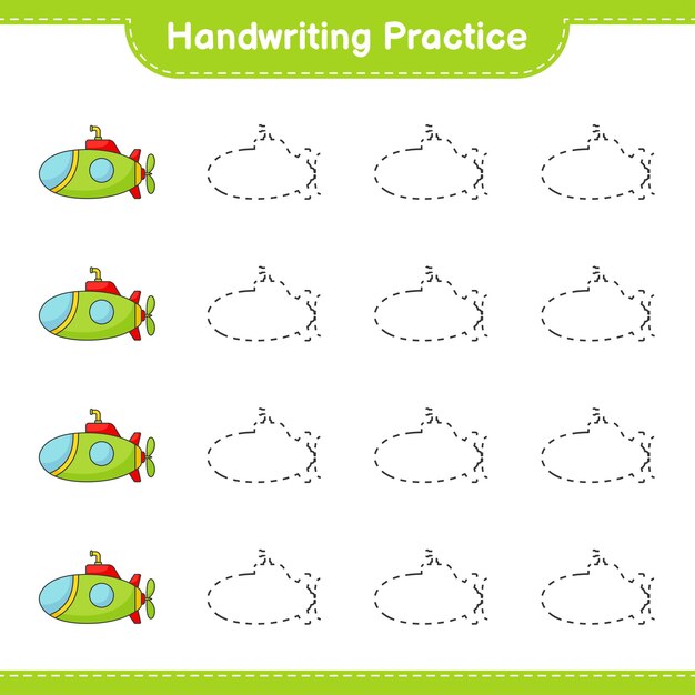 Handschrift oefenen. Traceringslijnen van onderzeeër. Educatief kinderspel, afdrukbaar werkblad, vectorillustratie