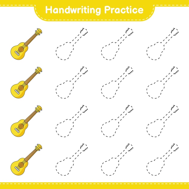 Handschrift oefenen. Traceringslijnen van ukelele. Educatief kinderspel, afdrukbaar werkblad, vectorillustratie