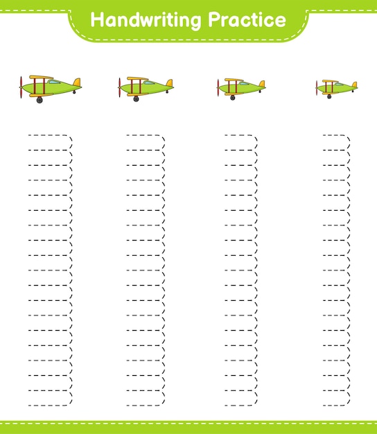 Vector handschrift oefenen. traceringslijnen van vliegtuig. educatief kinderspel, afdrukbaar werkblad, vectorillustratie