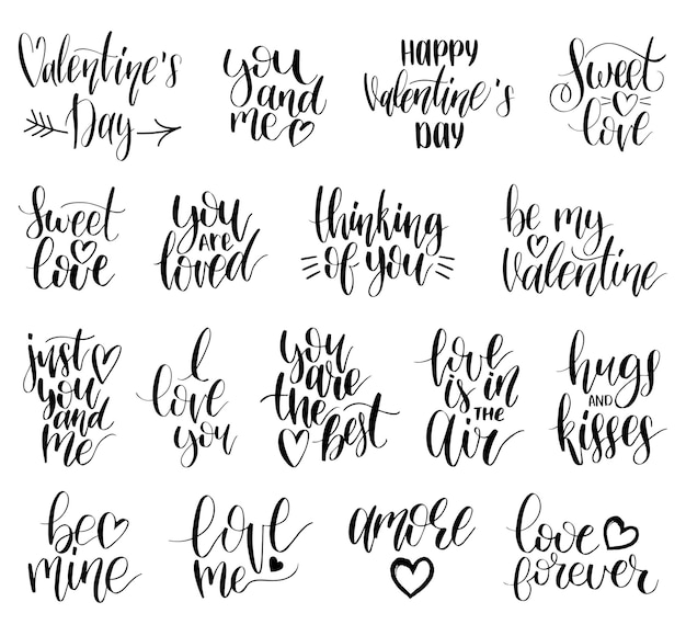 Handschrift zinnen take my heart, hugs and kisses. kalligrafie set. valentijnsdag typografie.