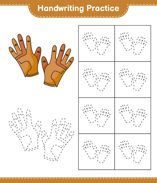 Handschriftoefening Traceren van lijnen van golfhandschoenen Educatief kinderen spel afdrukbaar werkblad vectorillustratie